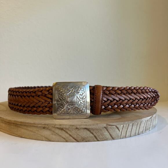Vintage Accessories - Vintage 90s Tan Woven Weaved Genuine Leather Square Floral Buckle Belt Size SM